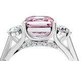 Silver Fancy Pink Asscher Cut Diamond Three-Stone Engagement Ring with Prong Setting and Pavé Band_10