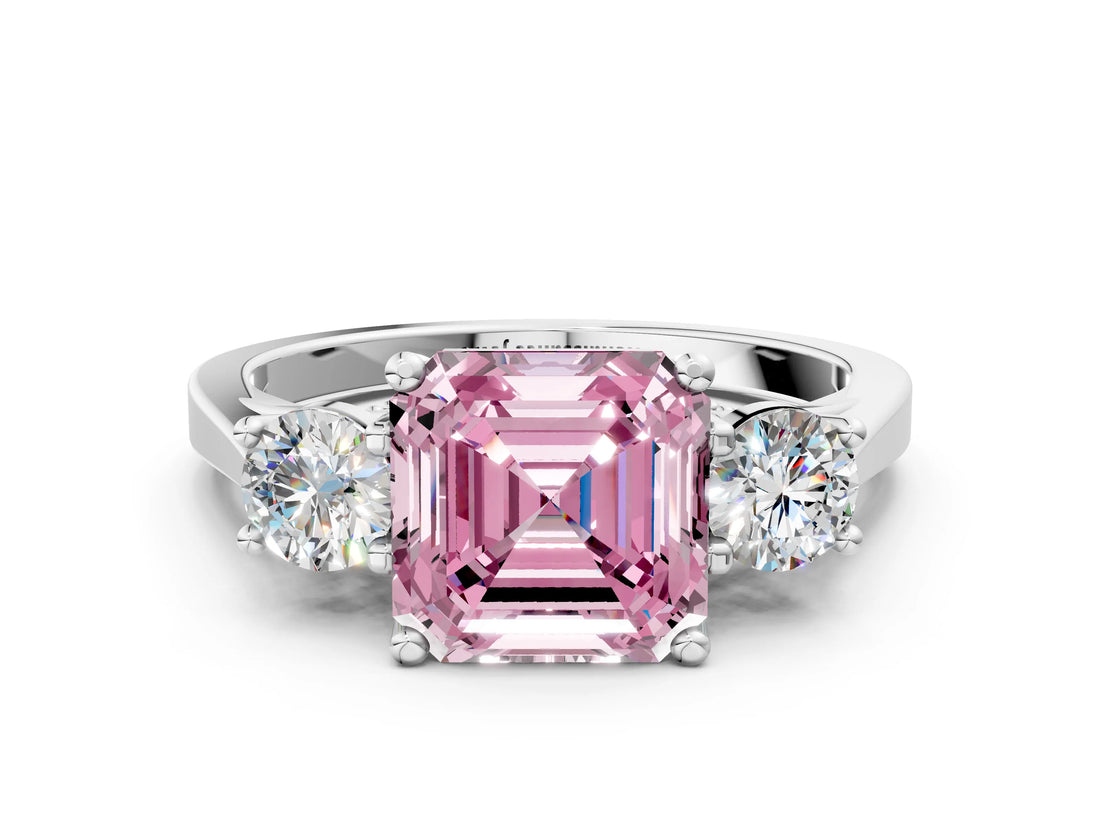 Silver Fancy Pink Asscher Cut Diamond Three-Stone Engagement Ring with Prong Setting and Pavé Band_6