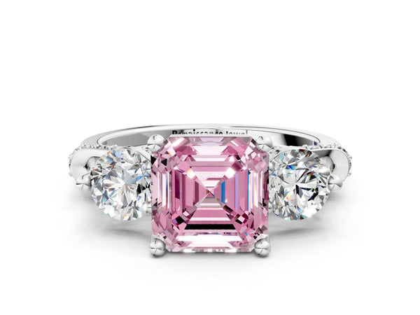 Sterling Silver Asscher Cut Curved Pave Three Stone Engagement Ring Setting for Fancy Pink Center