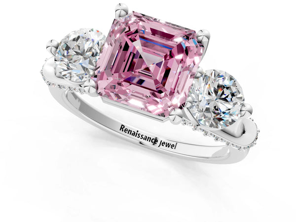 Sterling Silver Asscher Cut Curved Pave Three Stone Engagement Ring Setting for Fancy Pink Center