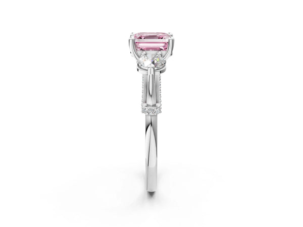 Sterling Silver Asscher Cut Curved Pave Three Stone Engagement Ring Setting for Fancy Pink Center