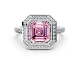 Silver Fancy Pink Asscher Cut Halo Bezel Diamond Pave Band Ring_6