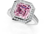 Silver Fancy Pink Asscher Cut Halo Bezel Diamond Pave Band Ring_7