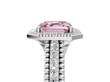 Silver Fancy Pink Asscher Cut Halo Diamond Ring with Beaded Split Shank and Four-Prong Setting_11