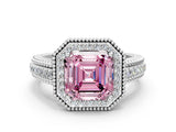 Silver Fancy Pink Asscher Cut Halo Diamond Ring with Beaded Split Shank and Four-Prong Setting_6
