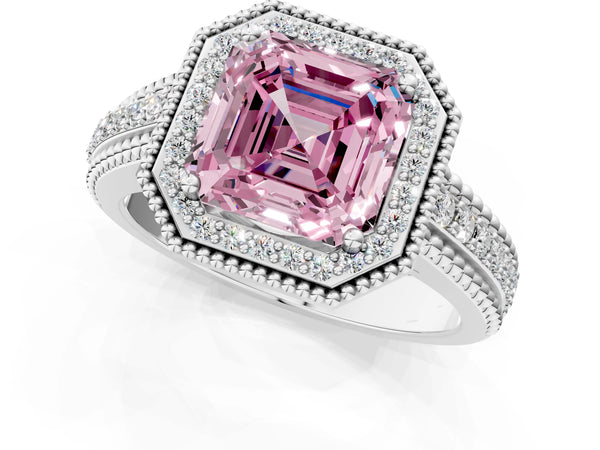 Sterling Silver Asscher Cut Beaded Halo Engagement Ring Setting for Fancy Pink Center with Pave
