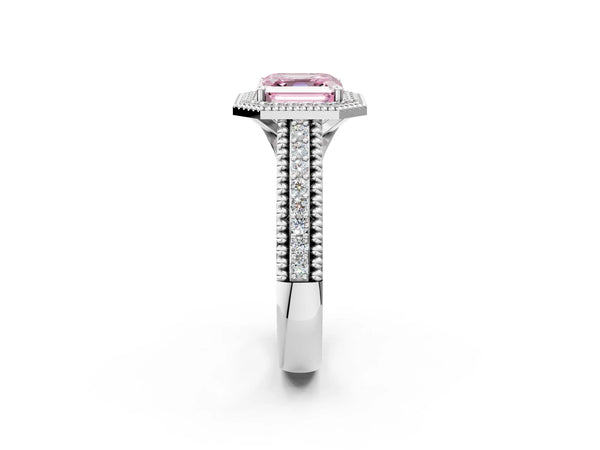 Sterling Silver Asscher Cut Beaded Halo Engagement Ring Setting for Fancy Pink Center with Pave