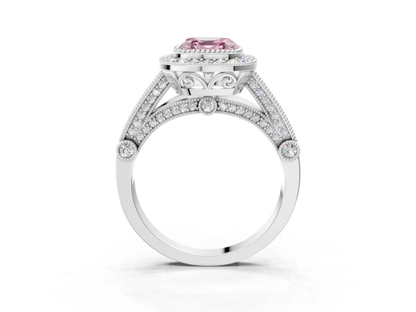 Sterling Silver Asscher Cut Vintage Bezel Halo Engagement Ring Setting for Fancy Pink Center