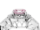 Silver Fancy Pink Asscher Cut Halo Milgrain Diamond Engagement Ring with Leaf Band and Four-Prong Setting_10