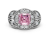 Silver Fancy Pink Asscher Cut Halo Milgrain Diamond Engagement Ring with Leaf Band and Four-Prong Setting_6