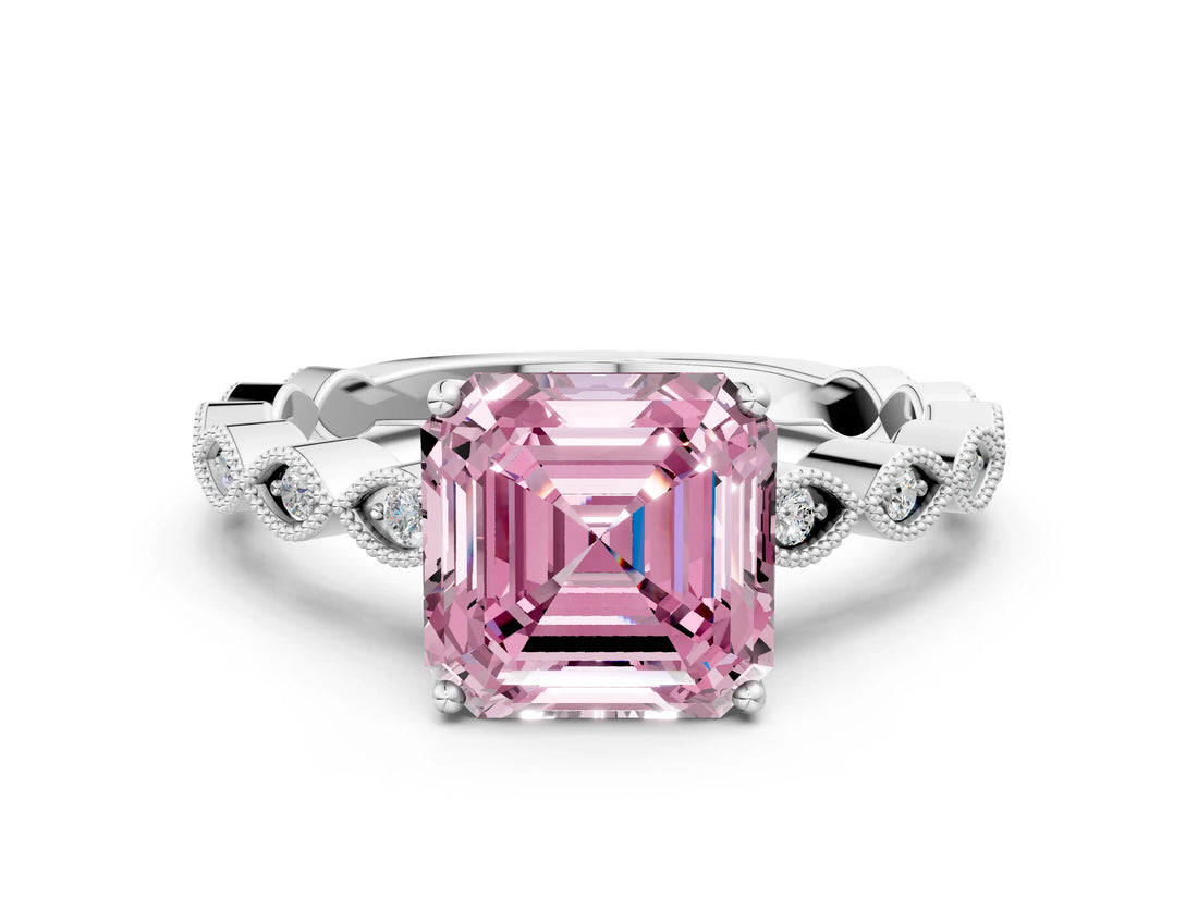 Silver Fancy Pink Asscher Cut Solitaire Diamond Ring with Infinity Twist Band and Four-Prong Setting_12