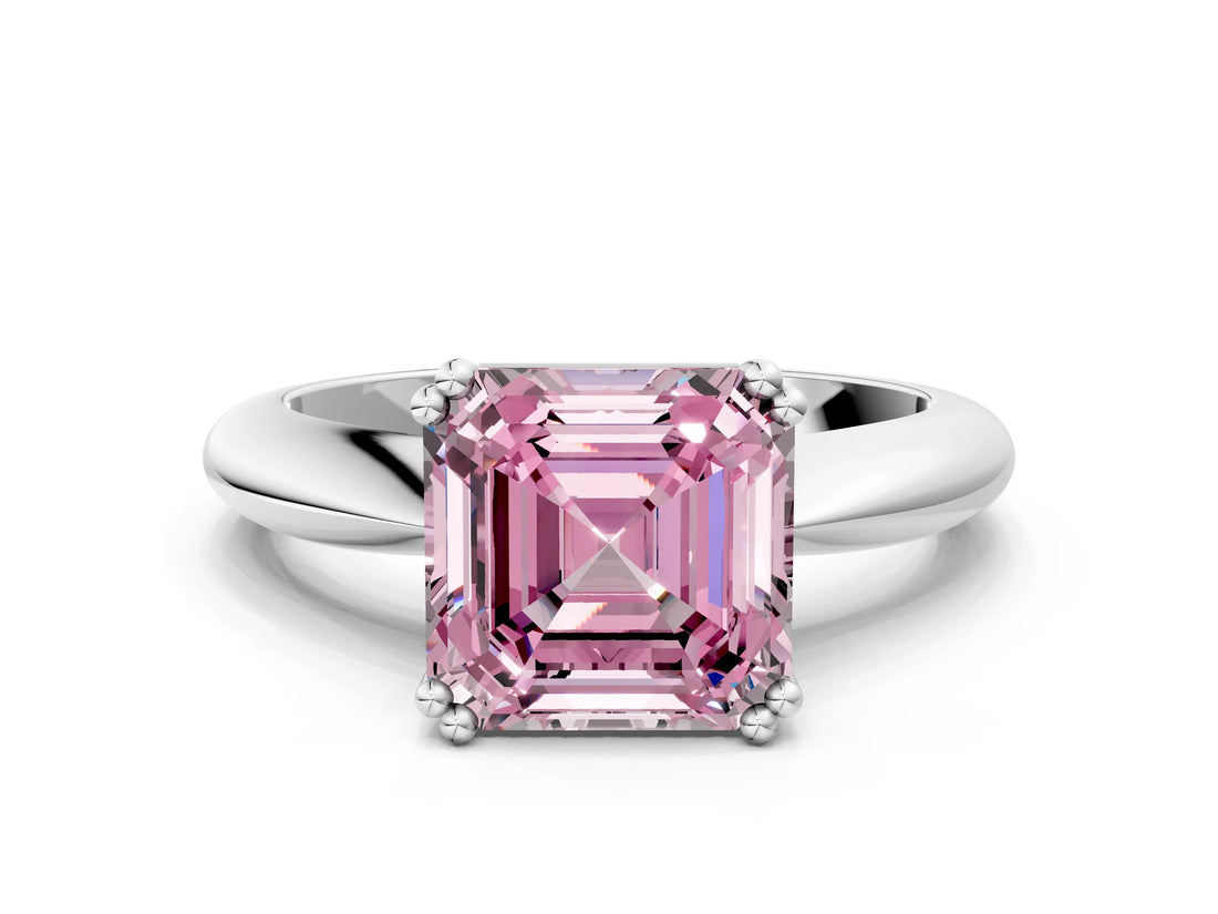 Silver Fancy Pink Asscher  Cut Solitaire Engagement Ring with Tapered Band and Four-Prong Setting 1