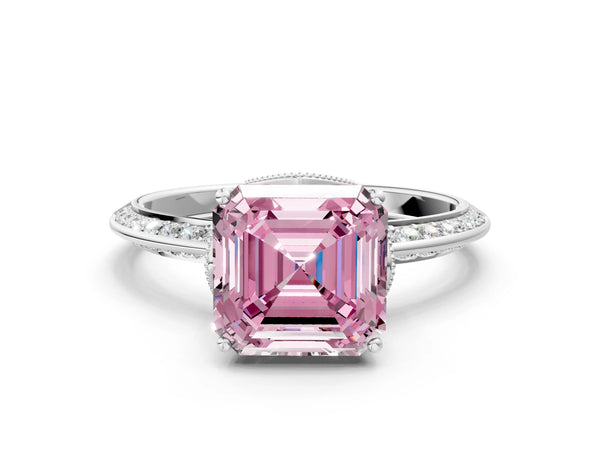 Sterling Silver Asscher Cut Graduated Pave Engagement Ring Setting for Fancy Pink Center