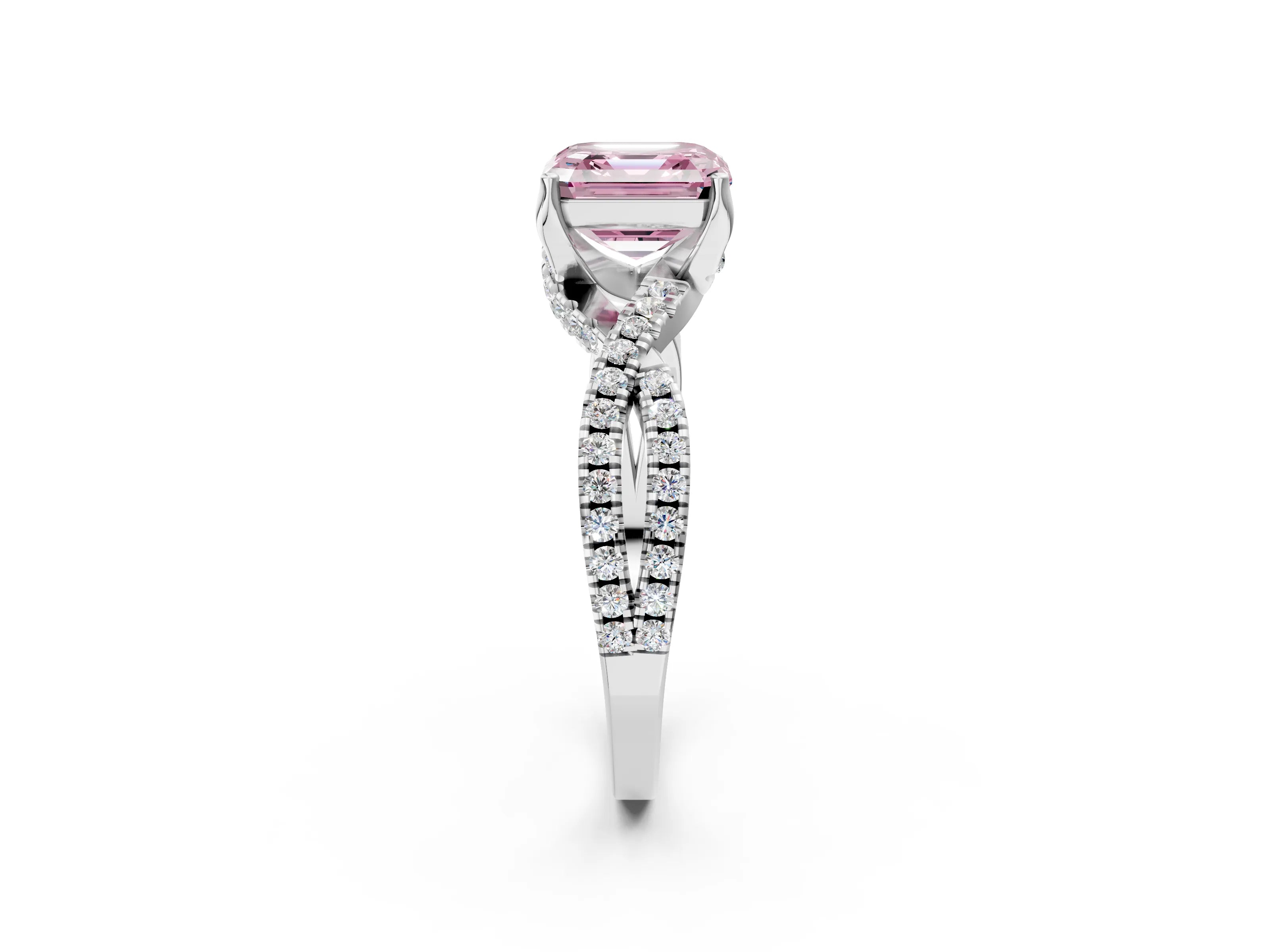 Silver Fancy Pink Asscher Cut Solitaire Twist Pave Diamond Engagement Ring with Prong Setting_44