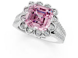 Silver Fancy Pink Asscher  Halo Diamond Floral Split Shank Engagement Ring 1