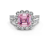 Silver Fancy Pink Asscher  Halo Diamond Floral Split Shank Engagement Ring