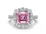 Silver Fancy Pink Asscher  Halo Milgrain Pave Diamond Ring with Four-Prong Setting 2