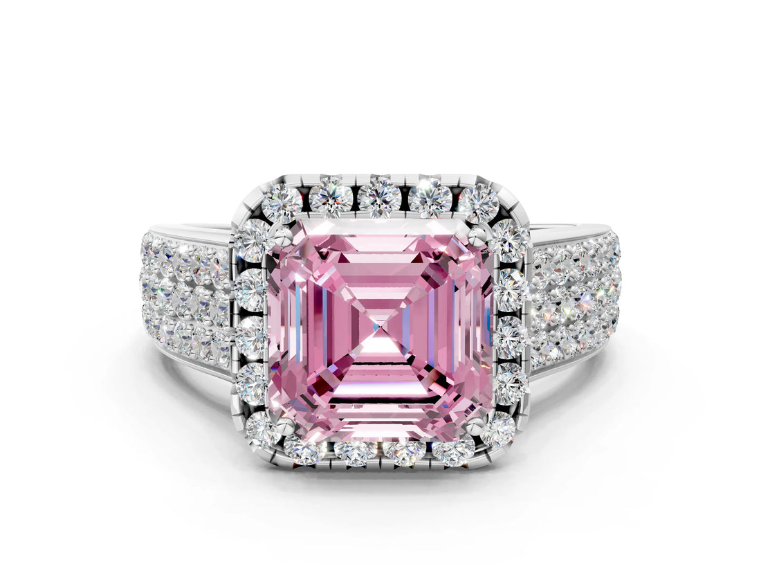Silver Fancy Pink Asscher  Halo Round Diamond Pave Band with Prong Setting 1