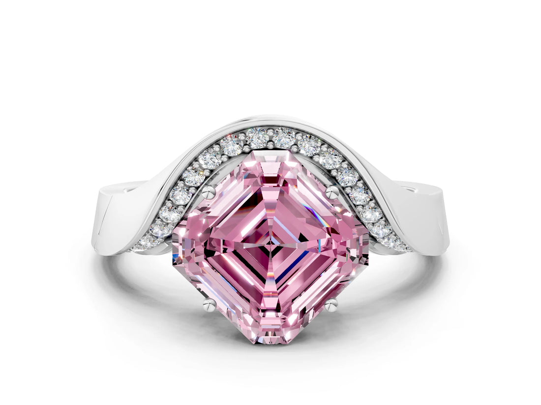 Silver Fancy Pink Asscher  Solitaire Diamond Engagement Ring with Pave Band and Four-Prong Setting