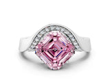 Silver Fancy Pink Asscher  Solitaire Diamond Engagement Ring with Pave Band and Four-Prong Setting