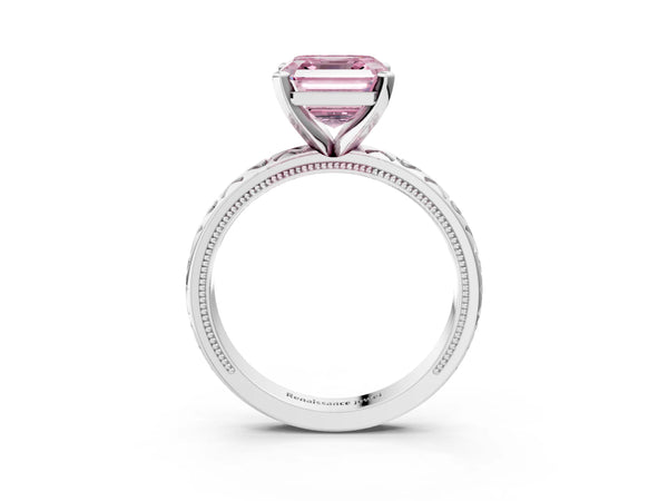 Sterling Silver Asscher Cut XO Engraved Engagement Ring Setting for Fancy Pink Center