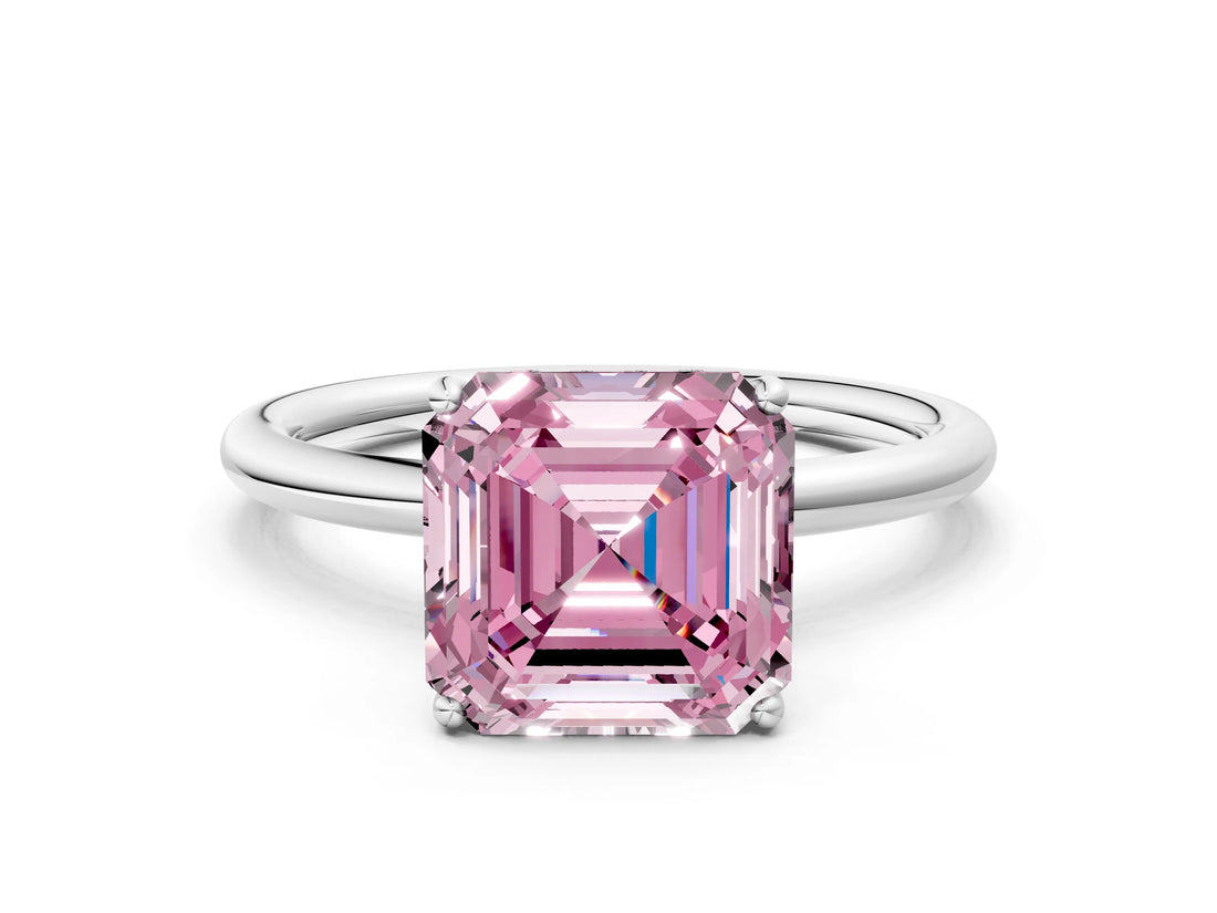 Silver Fancy Pink Asscher  Solitaire Diamond Ring with a Classic Band and Four-Prong Setting