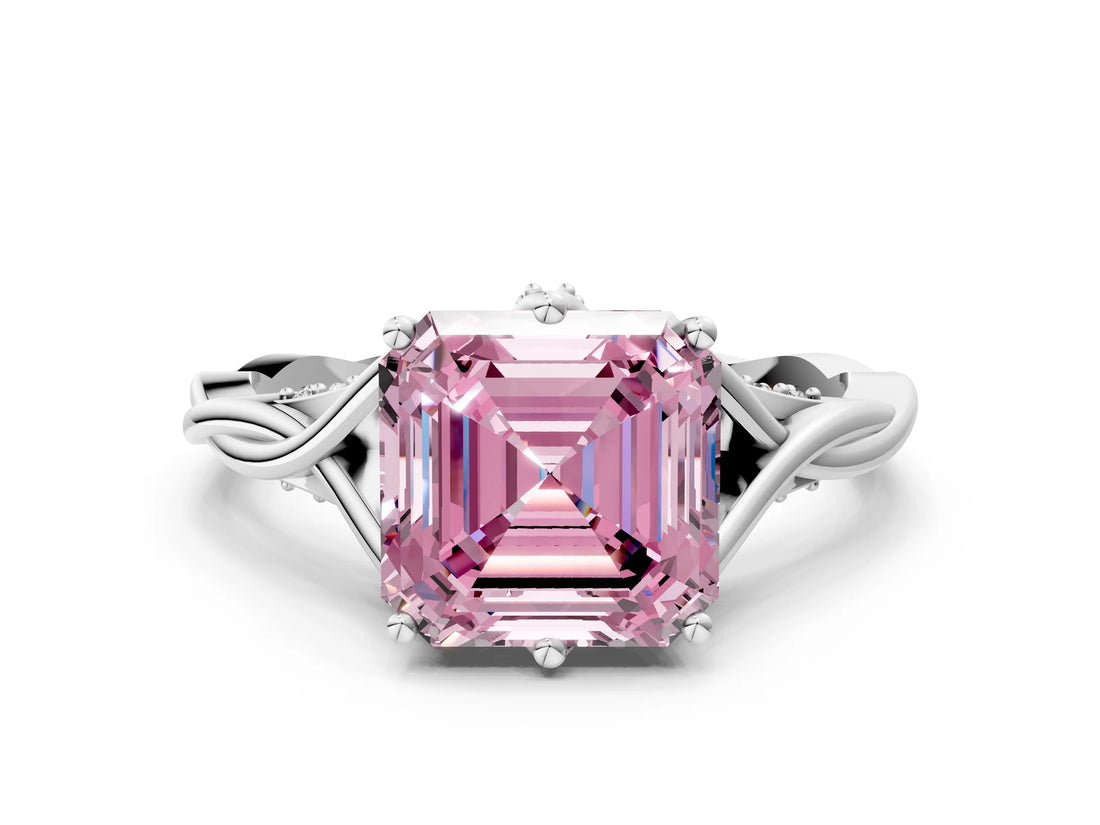 Silver Fancy Pink Asscher  Solitaire Twist Band Six-Prong Setting