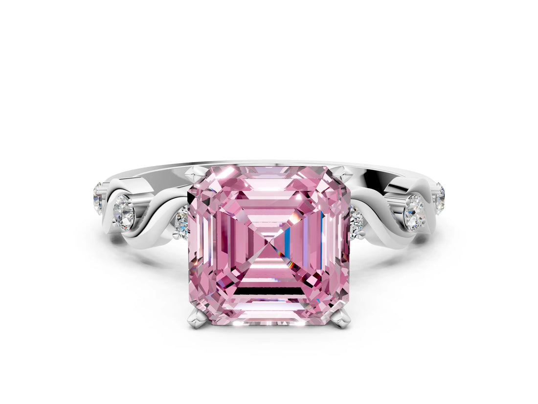 Silver Fancy Pink Asscher  Solitaire Twisted Band with Prong Setting