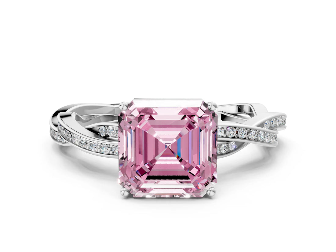 Silver Fancy Pink Asscher  Solitaire Twisted Pave Diamond Ring with Four-Prong Setting_6