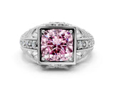Silver Fancy Pink Cushion Cut Brilliant Milgrain Filigree Diamond Ring with Square Prong Setting_24
