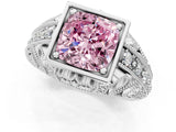 Silver Fancy Pink Cushion Cut Brilliant Milgrain Filigree Diamond Ring with Square Prong Setting_25
