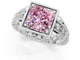 Silver Fancy Pink Cushion Cut Brilliant Milgrain Filigree Diamond Ring with Square Prong Setting_31