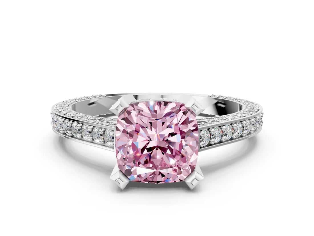 Silver Fancy Pink Cushion Cut Brilliant Split Shank Pave Solitaire Ring with Four-Prong Setting_6