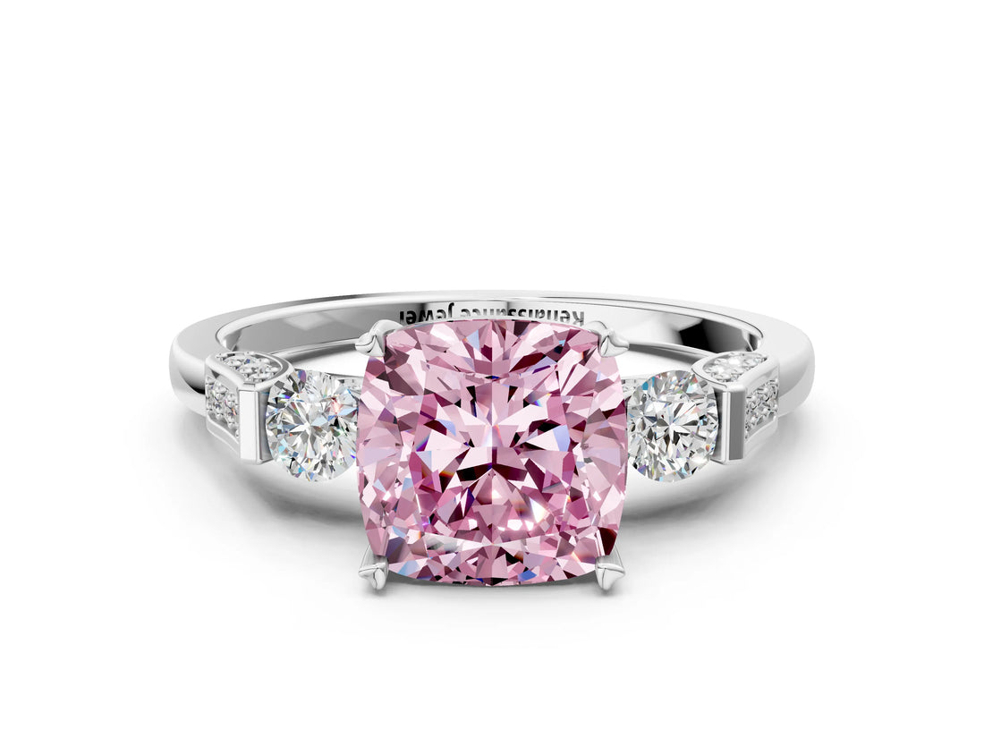 Silver Fancy Pink Cushion Cut Brilliant Three-Stone Pave Band with Four-Prong Setting_6