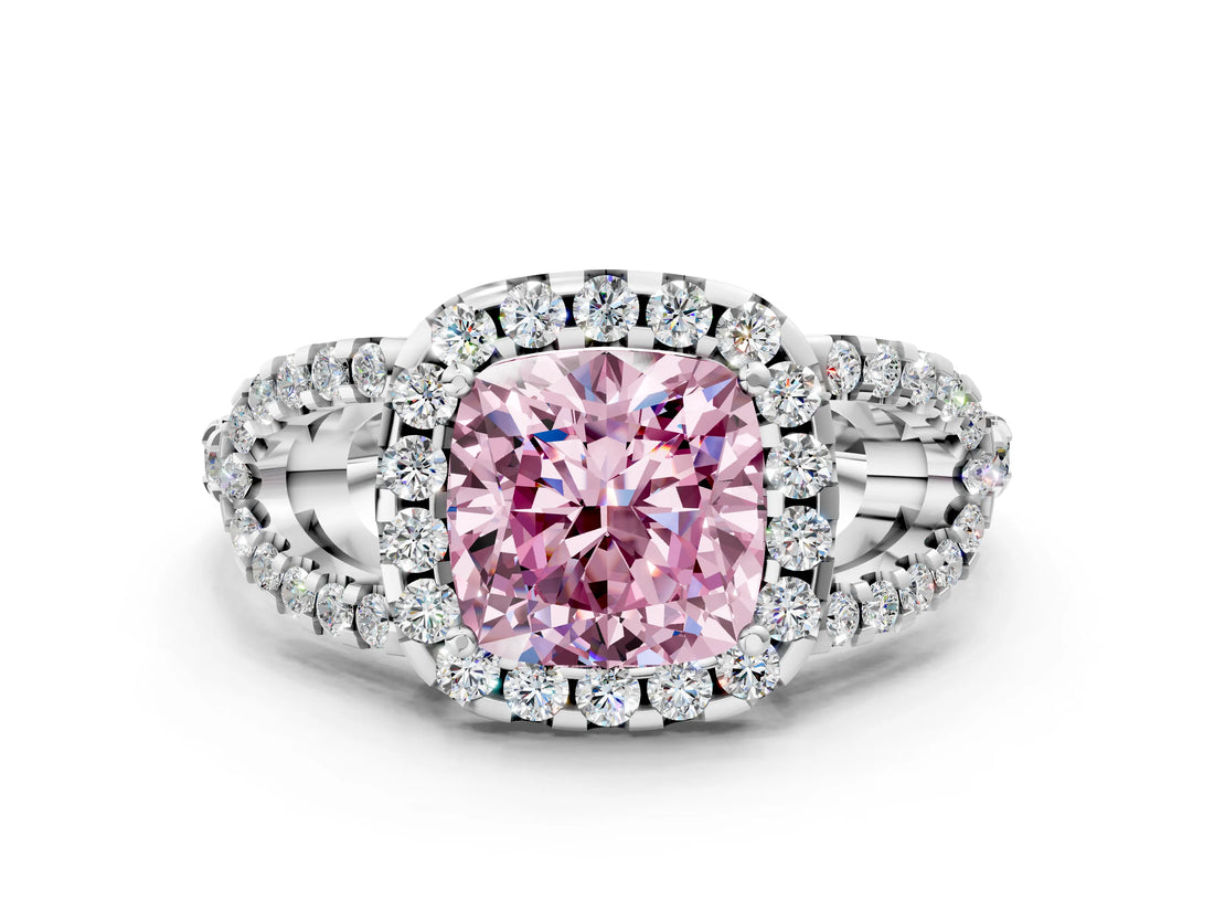 Silver Fancy Pink Cushion Cut Cut Diamond Halo Engagement Ring with Open Split Pavé Band_6