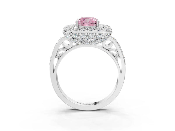 Silver Fancy Pink Cushion Cut Diamond Double Halo Ring with Pavé Band and Four-Prong Setting
