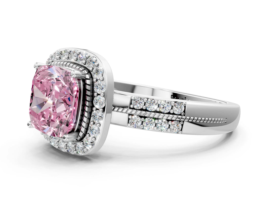 Silver Fancy Pink Cushion Cut Diamond Double Halo Ring with Split Shank and Four-Prong Setting_6