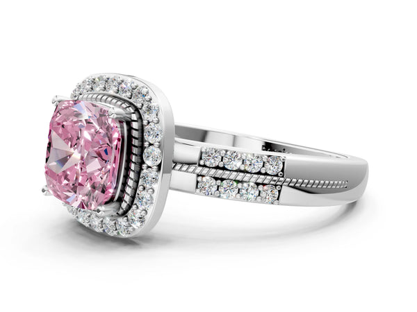 Silver Fancy Pink Cushion Cut Diamond Double Halo Ring with Split Shank and Four-Prong Setting