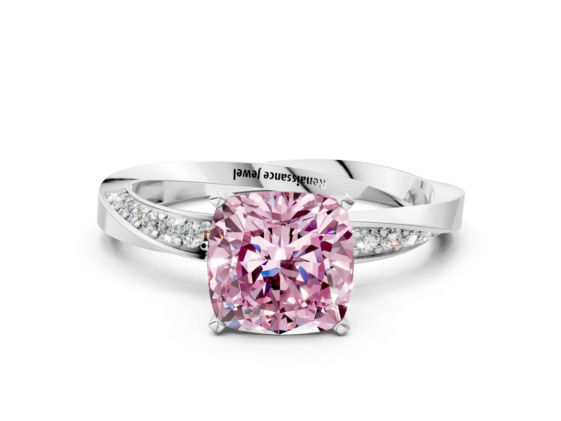 Silver Fancy Pink Cushion Cut Diamond Engagement Ring with Side Stone Accents and Four-Prong Setting_12