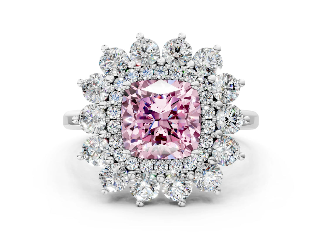 Silver Fancy Pink Cushion Cut Diamond Floral Double Halo Engagement Ring with Prong Setting_42