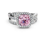 Silver Fancy Pink Cushion Cut Diamond Halo Ring with Round Split Shank and Prong Setting