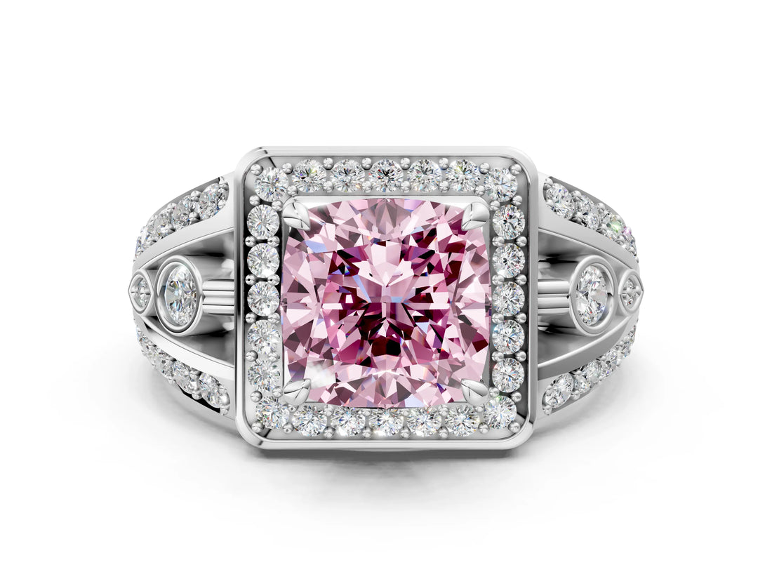 Silver Fancy Pink Cushion Cut Diamond Halo Ring with Split Shank and Bezel Accents and Four-Prong Setting_6