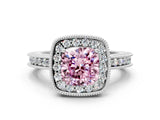 Silver Fancy Pink Cushion Cut Diamond Milgrain Halo Engagement Ring with Round Pavé Band and Prong Setting_12