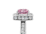 Silver Fancy Pink Cushion Cut Diamond Milgrain Halo Engagement Ring with Round Pavé Band and Prong Setting_17