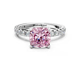 Silver Fancy Pink Cushion Cut Diamond Pavé Solitaire Ring with Round Band and Prong Setting