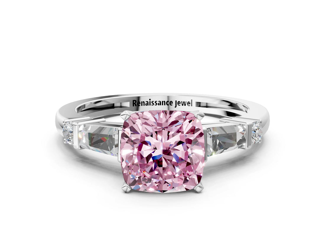Silver Fancy Pink Cushion  Cut Diamond Ring with Baguette Side Stones, Channel Set Band, and Four-Prong Setting_12