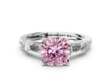 Silver Fancy Pink Cushion  Cut Diamond Ring with Baguette Side Stones, Channel Set Band, and Four-Prong Setting_12