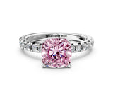 Silver Fancy Pink Cushion Cut Diamond Solitaire Pavé Engagement Ring with Round Band and Prong Setting_1