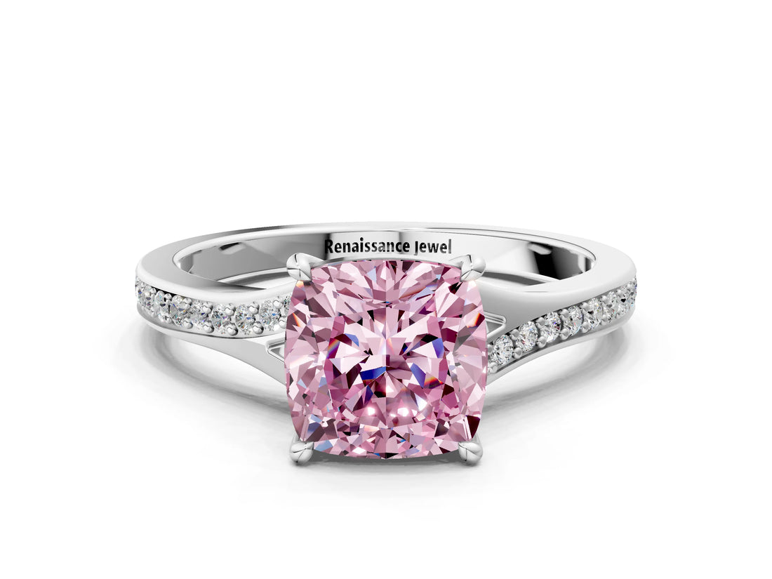 Silver Fancy Pink Cushion Cut Diamond Solitaire Ring with Pavé Band and Prong Setting_12