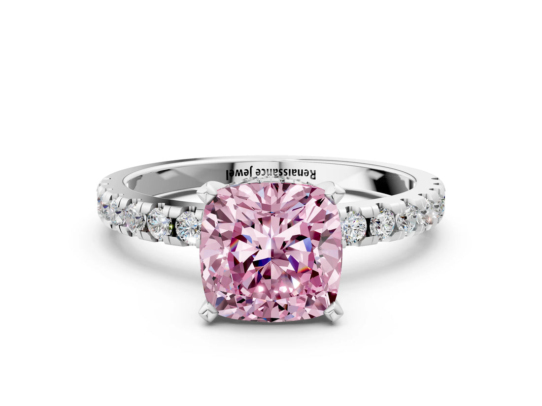 Silver Fancy Pink Cushion Cut Diamond Solitaire Ring with Round  Pavé Band and Four-Prong Setting_45